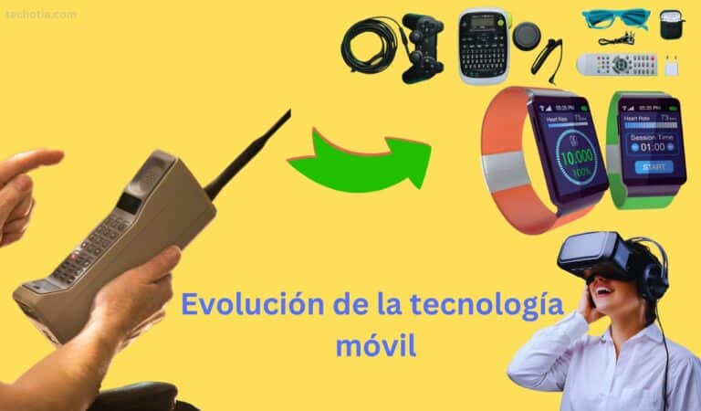 Una persona sostiene un teléfono móvil antiguo, otra dos smartwatches y una mujer mira a través de un cristal de realidad virtual. And their is title Evolución de la tecnología móvil